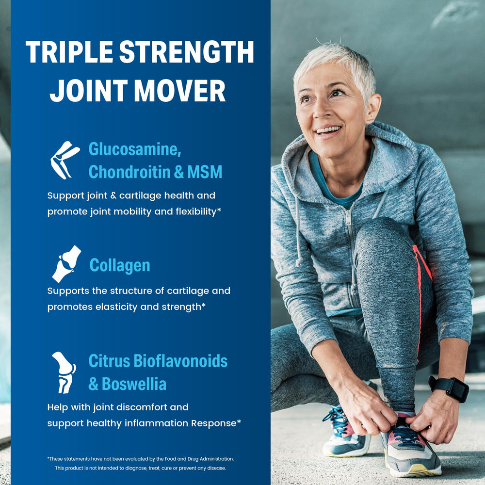 Vitamin World Joint Mover ingredients closeup featuring glucosamine, chondroitin, MSM, boswellia.