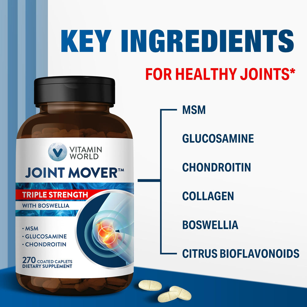 Vitamin World Joint Mover product card noting collagen and citrus bioflavonoids benefits.