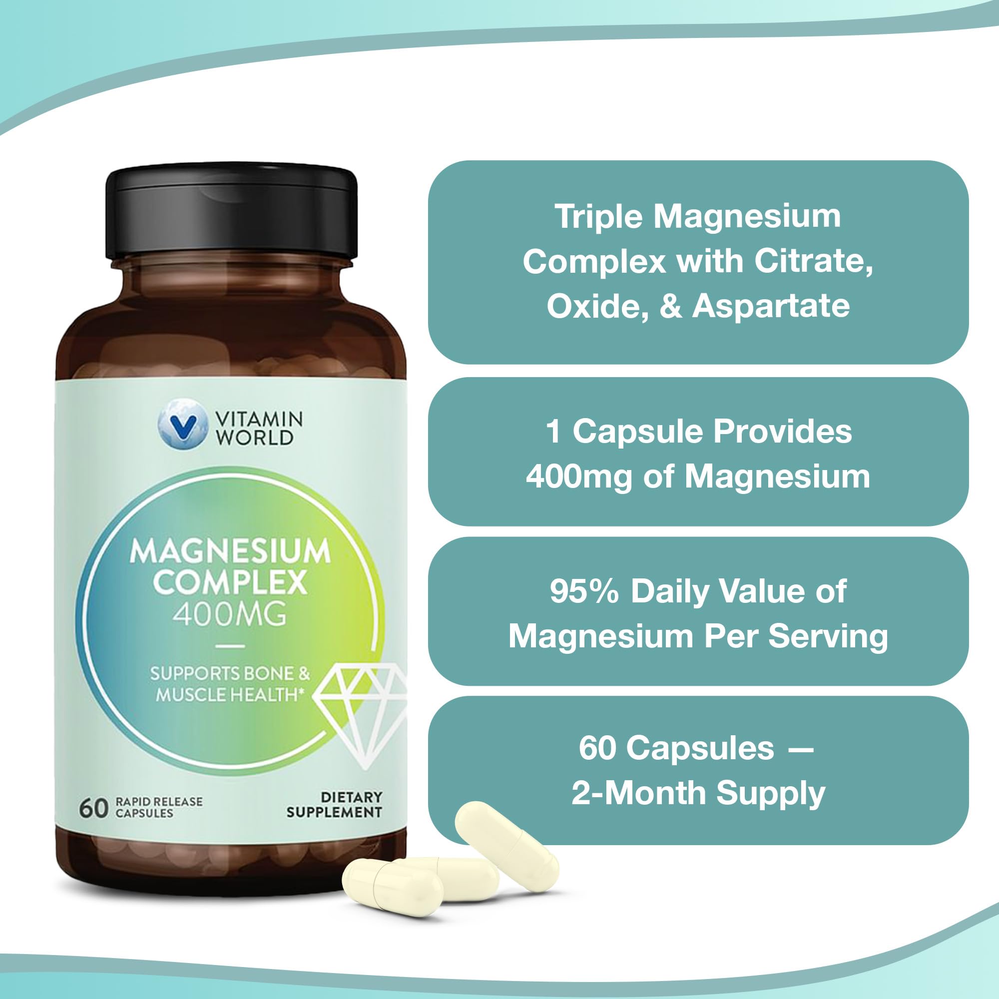 Bottle with dosage information for Vitamin World Magnesium Complex.