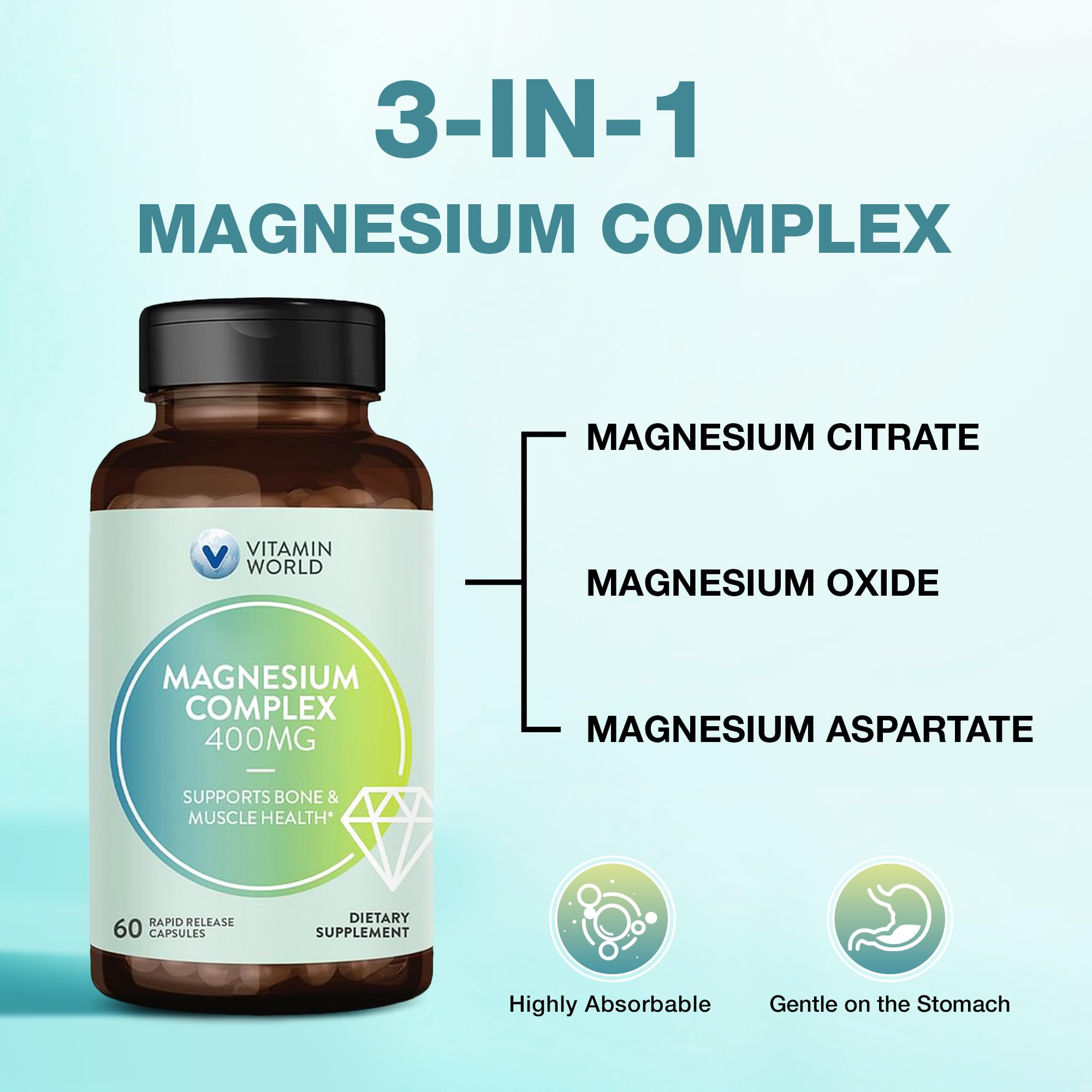 Vitamin World Magnesium Complex label close-up showing 400 mg magnesium per serving.