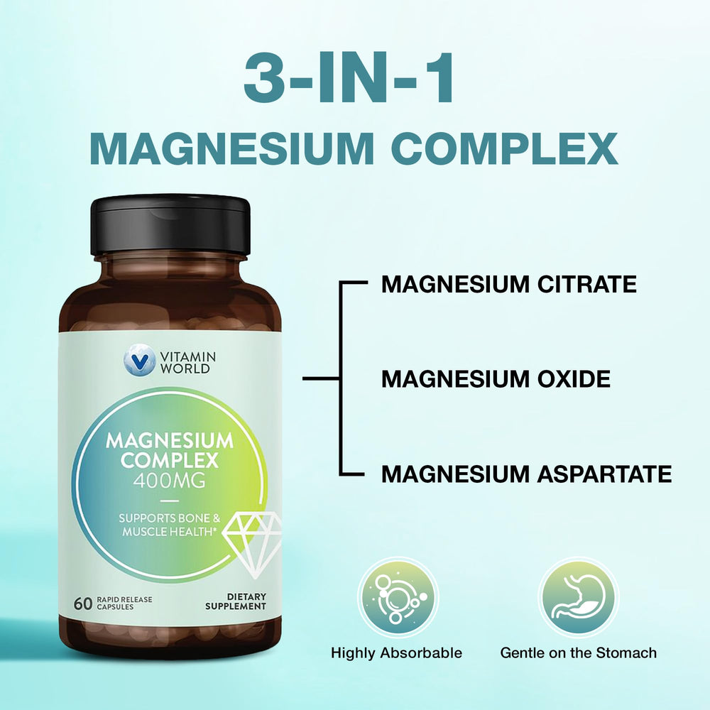 Vitamin World Magnesium Complex label close-up showing 400 mg magnesium per serving.