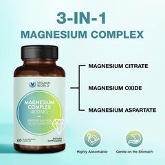 Vitamin World Magnesium Complex label close-up showing 400 mg magnesium per serving.