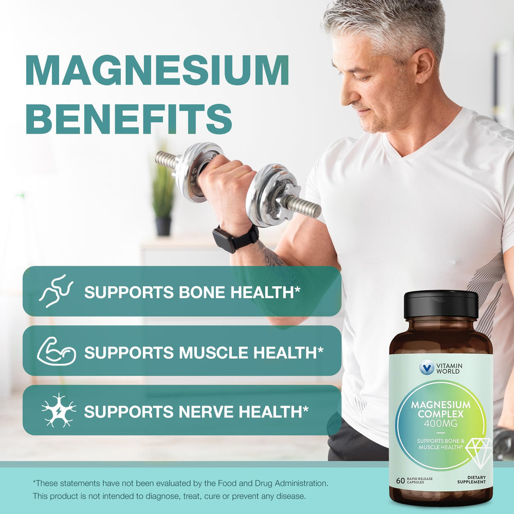 Vitamin World Magnesium Complex packaging box beside bottle for online shopping.