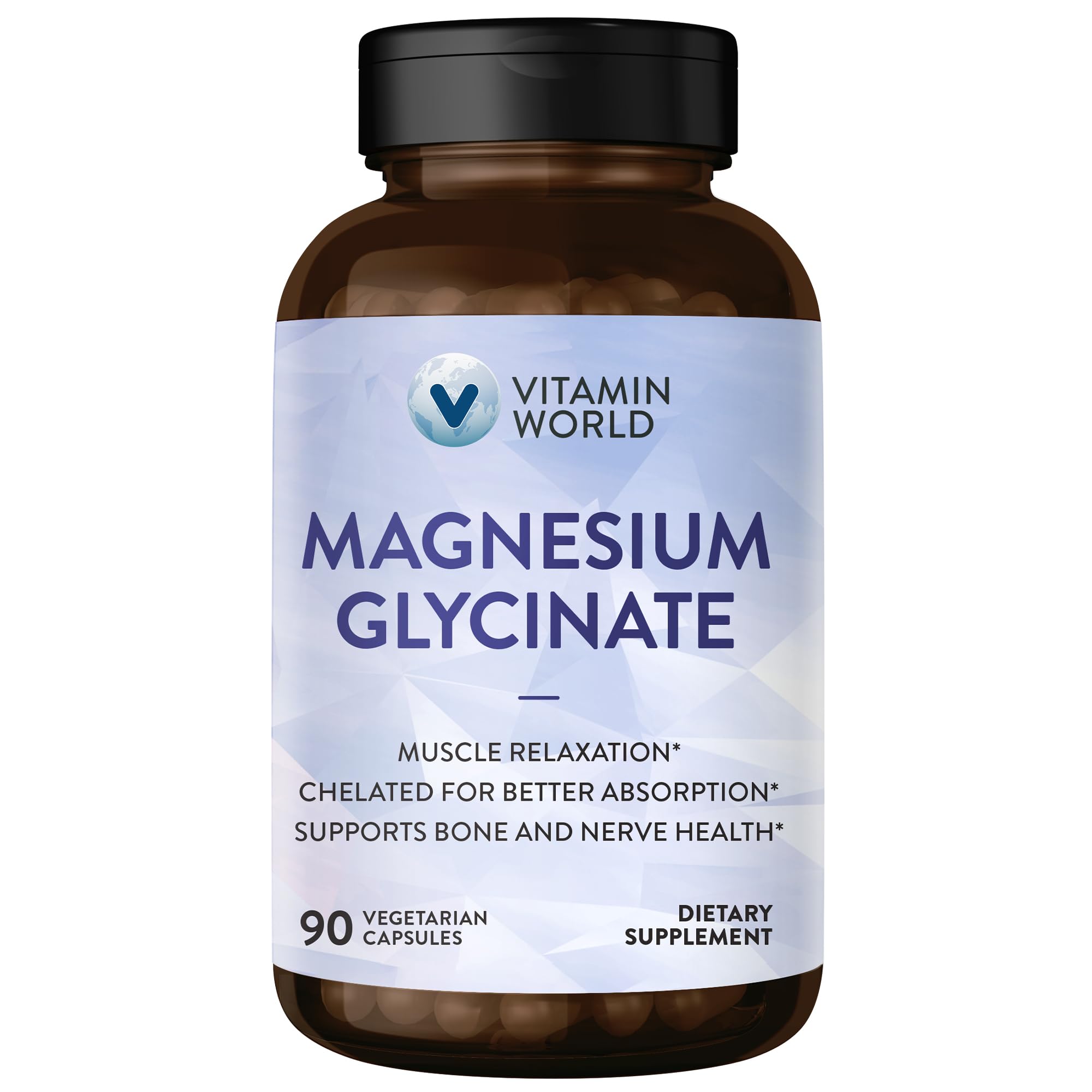 Vitamin World Magnesium Glycinate bottle with Bioperine for enhanced absorption and relaxation.