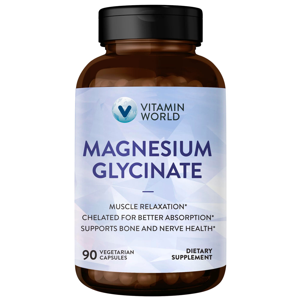 Vitamin World Magnesium Glycinate bottle with Bioperine for enhanced absorption and relaxation.
