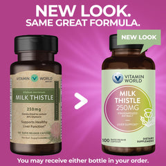 Vitamin World Milk Thistle capsules packaging showing gluten-free rapid-release formula