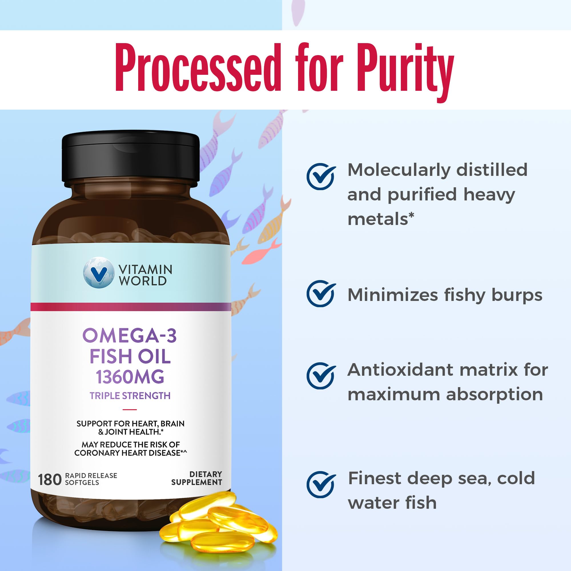 Vitamin World omega-3 softgel with minimized fishy aftertaste