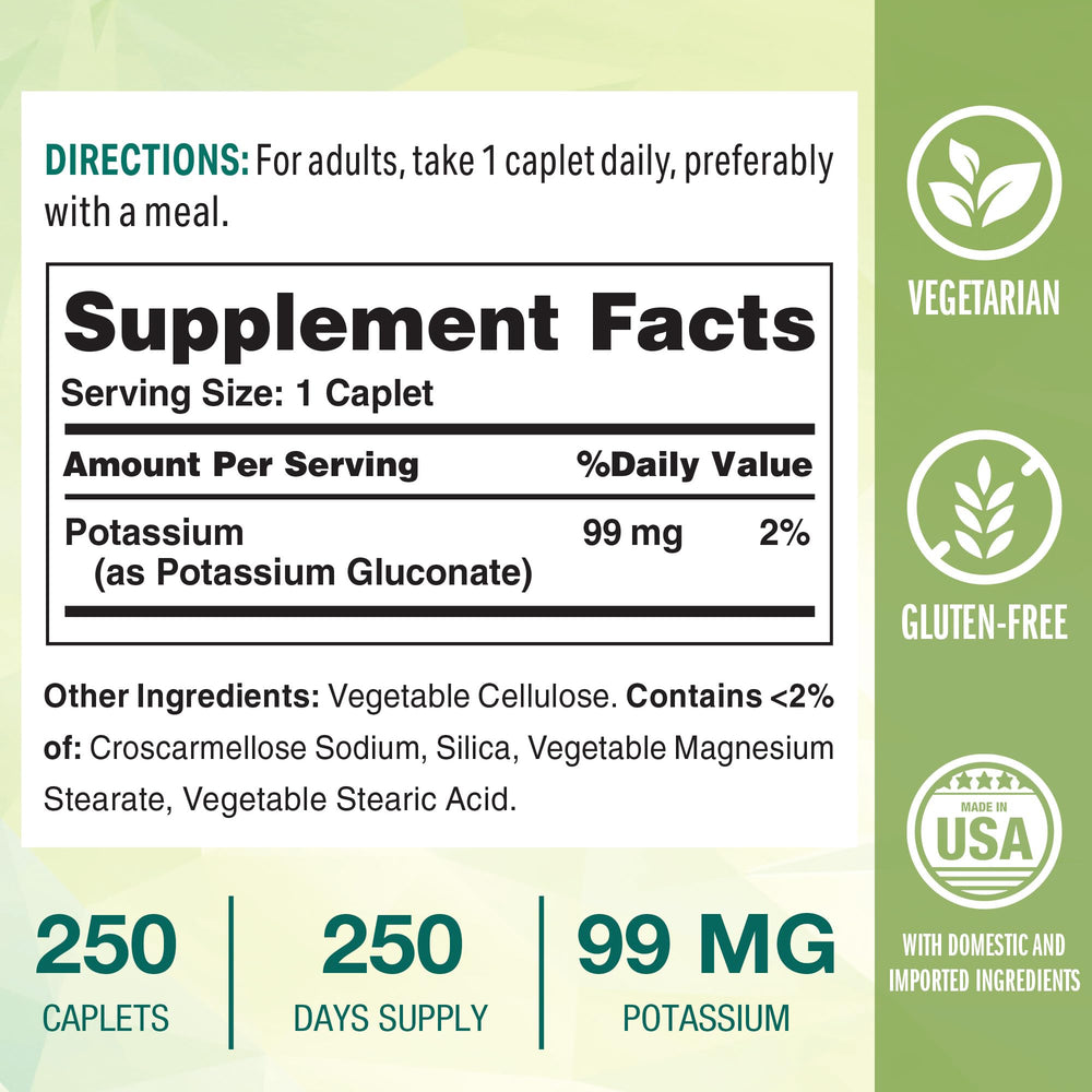 Close-up of Vitamin World potassium 99 mg caplets for electrolyte balance