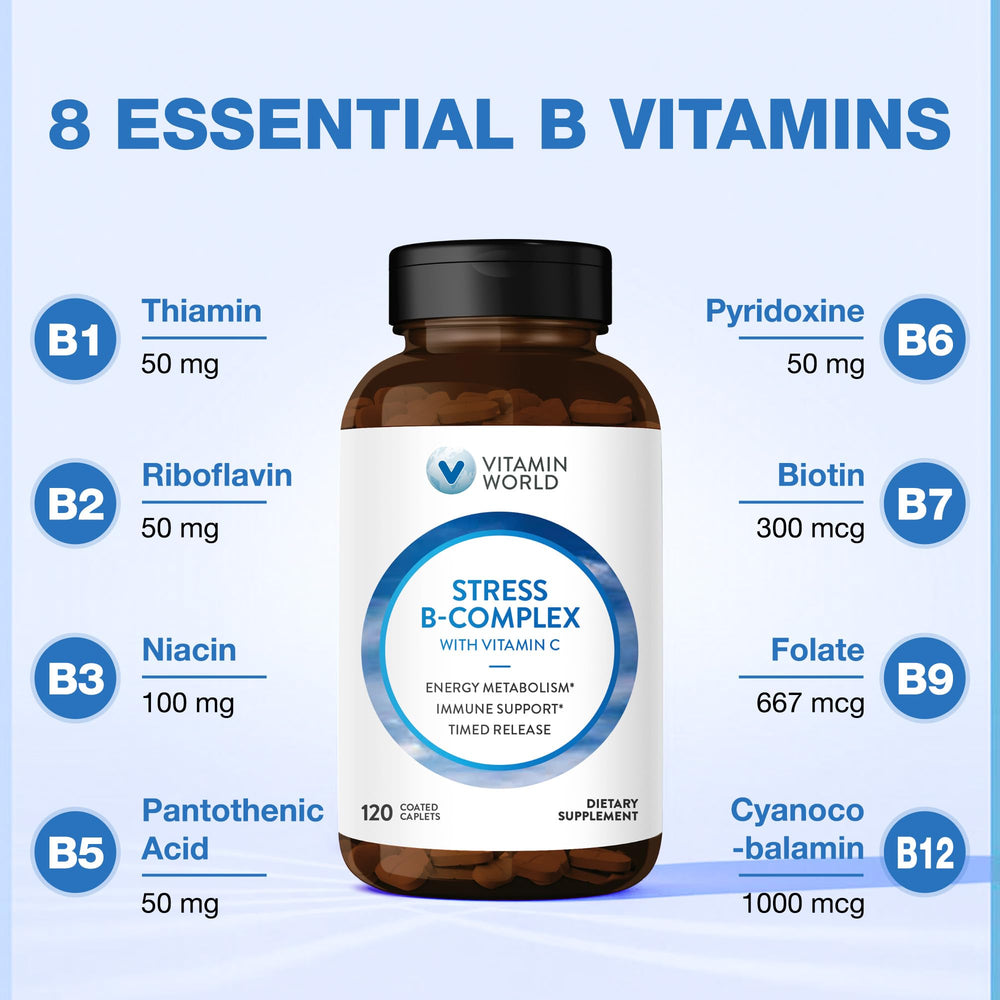Vitamin World Stress B-Complex bottle on desk suggests easy daily wellness support