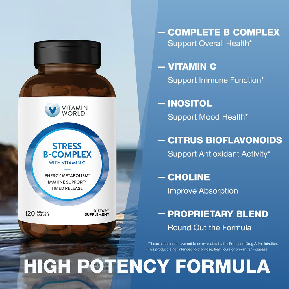 Vitamin World Stress B-Complex close-up capsules highlight high-potency B vitamins