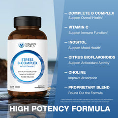 Vitamin World Stress B-Complex close-up capsules highlight high-potency B vitamins