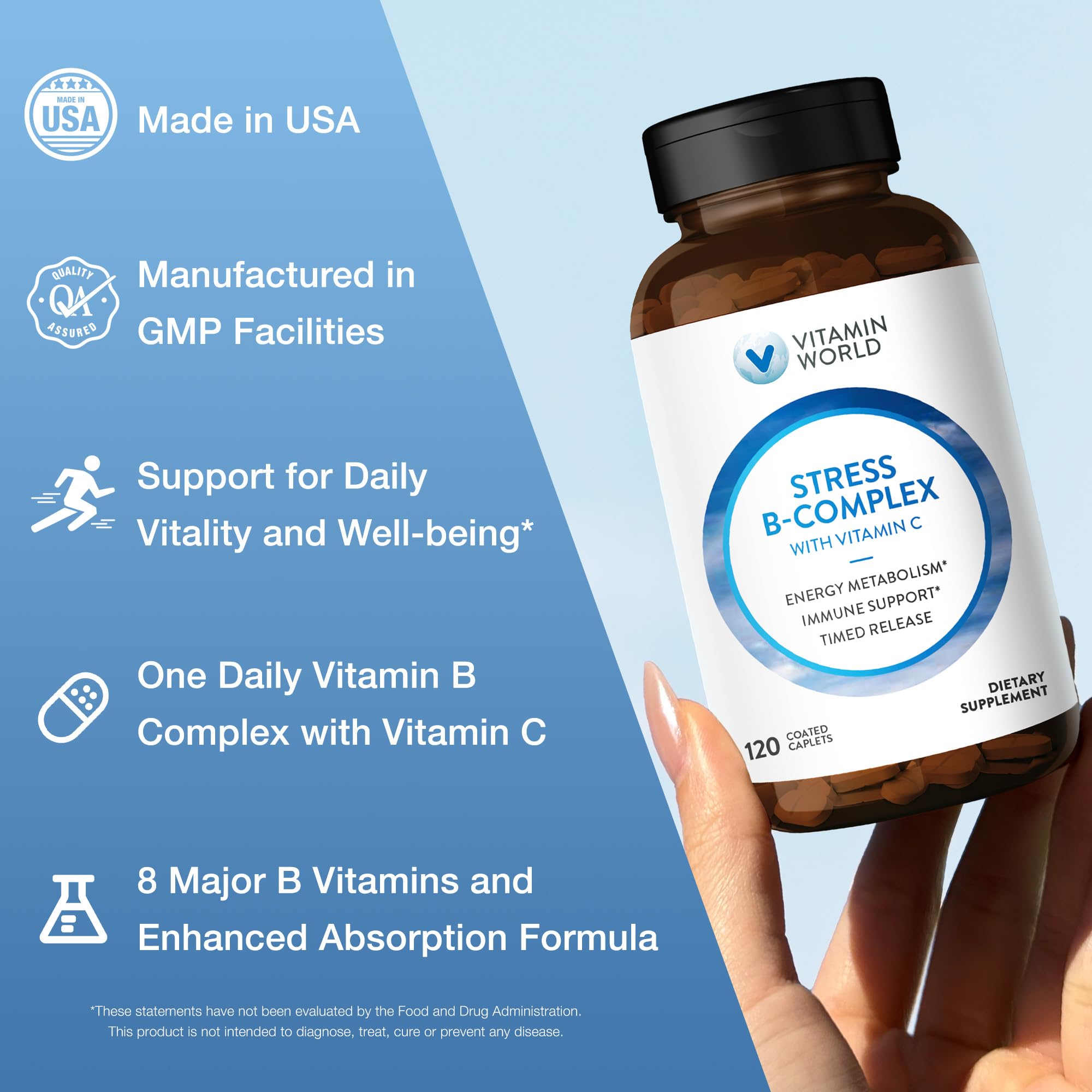 Vitamin World Stress B-Complex packaging emphasizes non-GMO and quality testing