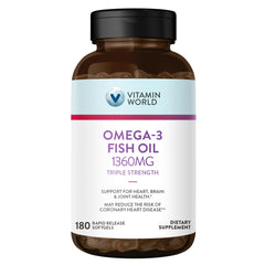 Vitamin World Triple Strength Omega-3 bottle highlights purity and potency