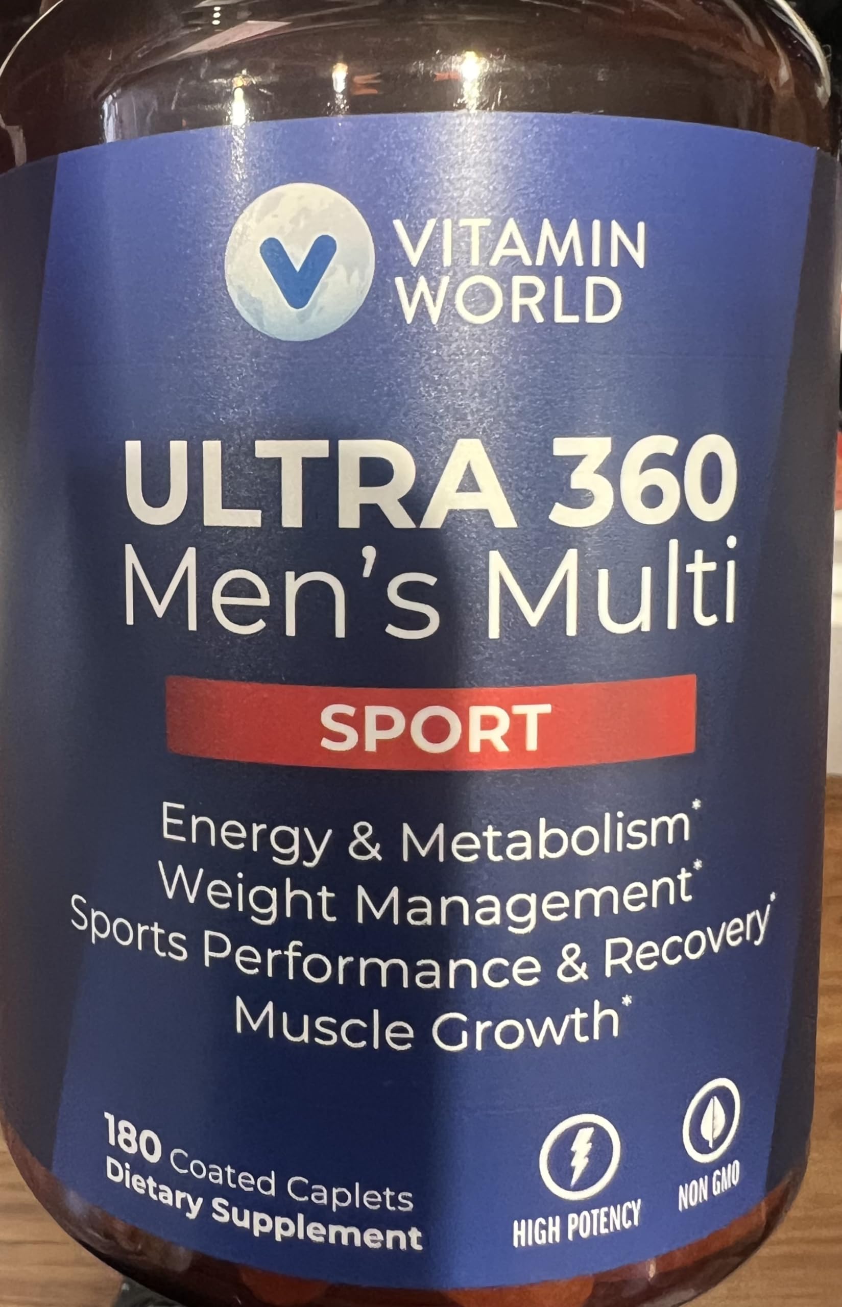 Vitamin World Ultra 360 Men’s Multi Sport bottle with capsules for daily energy support.