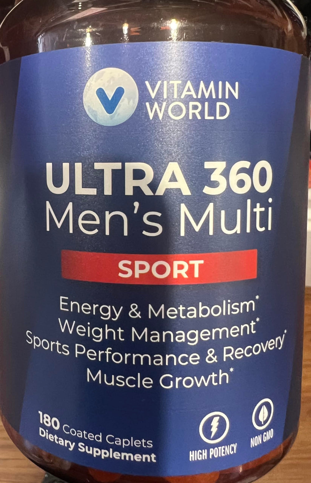 Vitamin World Ultra 360 Men’s Multi Sport bottle with capsules for daily energy support.