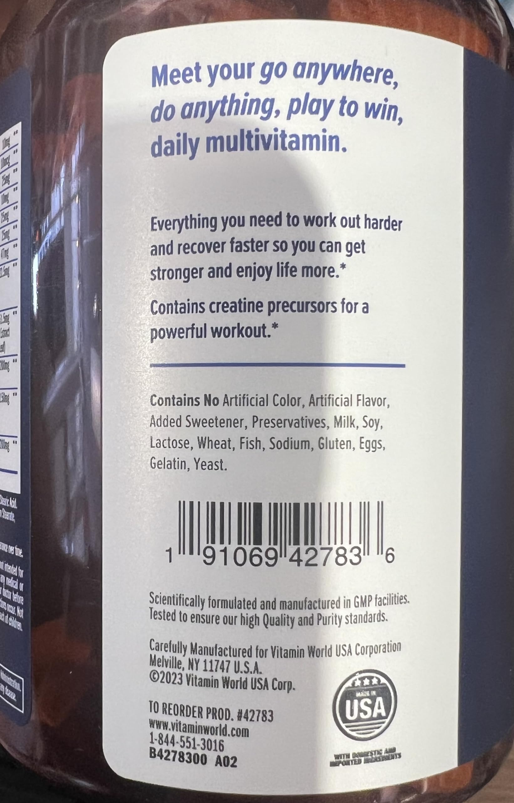 Vitamin World Ultra 360 Men’s Multi Sport capsules close-up highlighting muscle recovery potential.