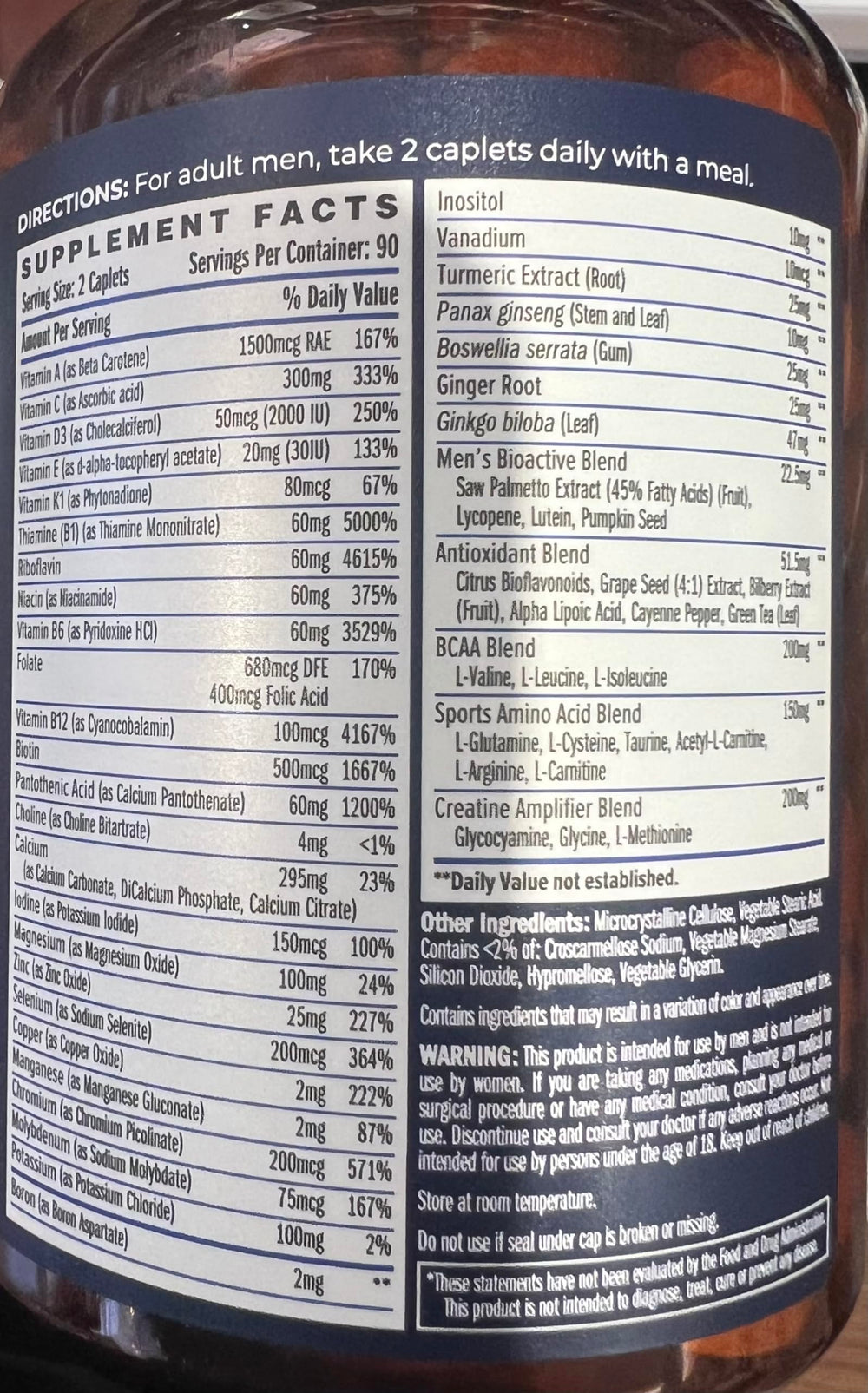 Vitamin World Ultra 360 Men’s Multi Sport label detail suggests immune support and training fuel.