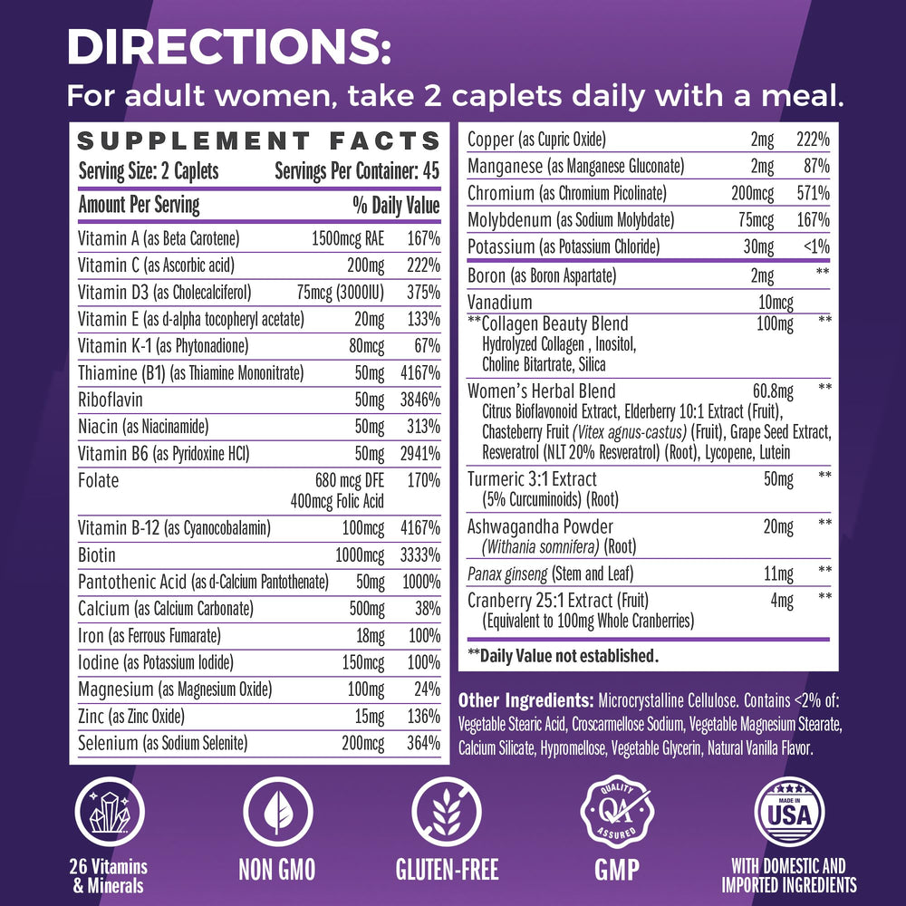 Vitamin World Ultra 360 Women's Multivitamin bottle side nutrition label.