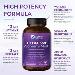 Vitamin World Ultra 360 Women label details with essential nutrients for women