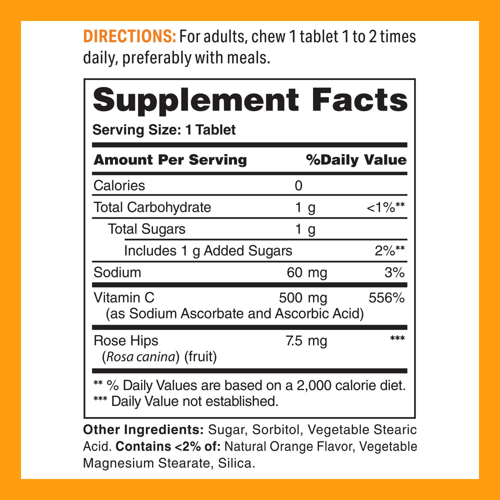 Vitamin World Vitamin C 500 mg with Rose Hips – chewable tablets on a tray, convenient daily intake.