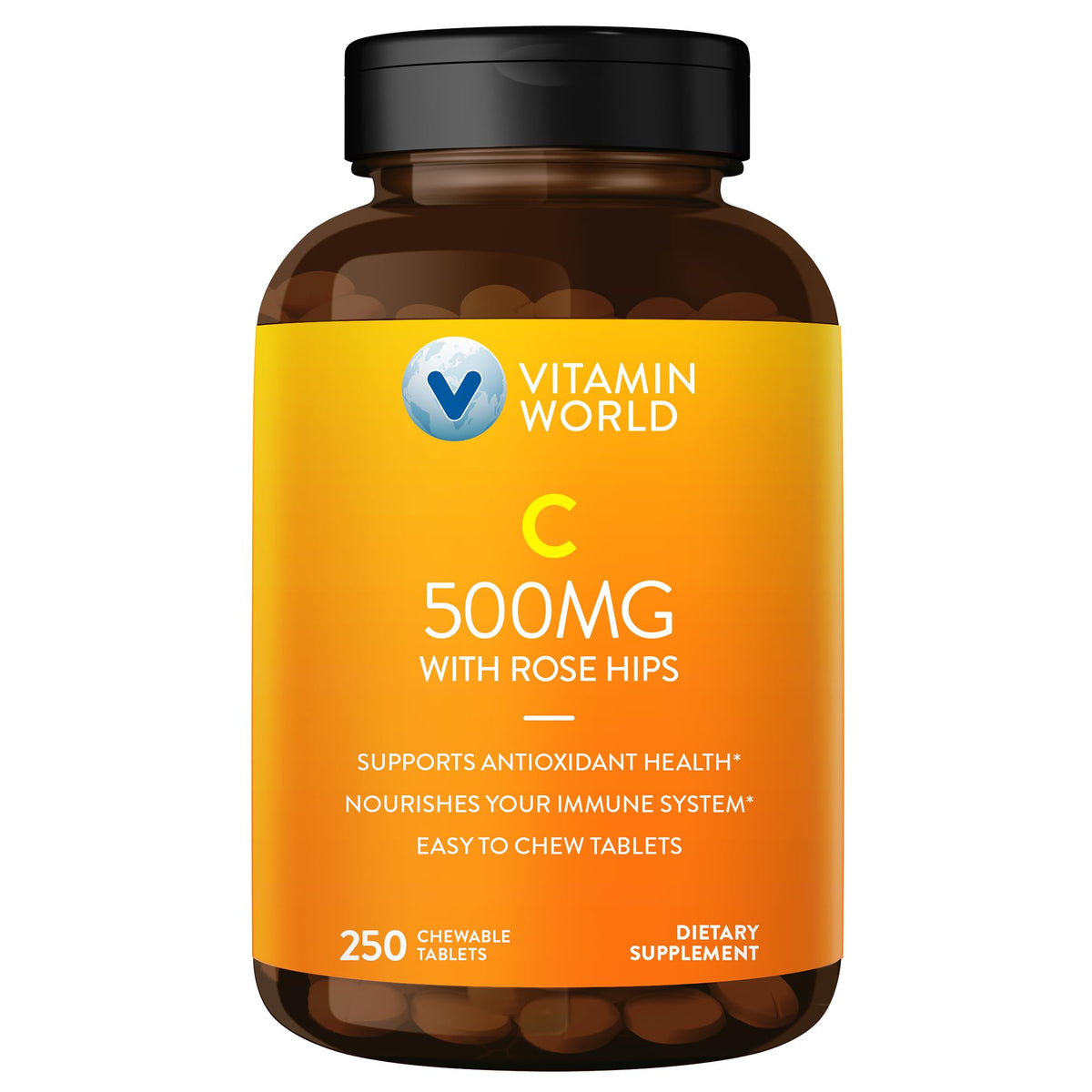 Vitamin World Vitamin C 500 mg with Rose Hips – bottle close-up with orange flavor, supports immune health.