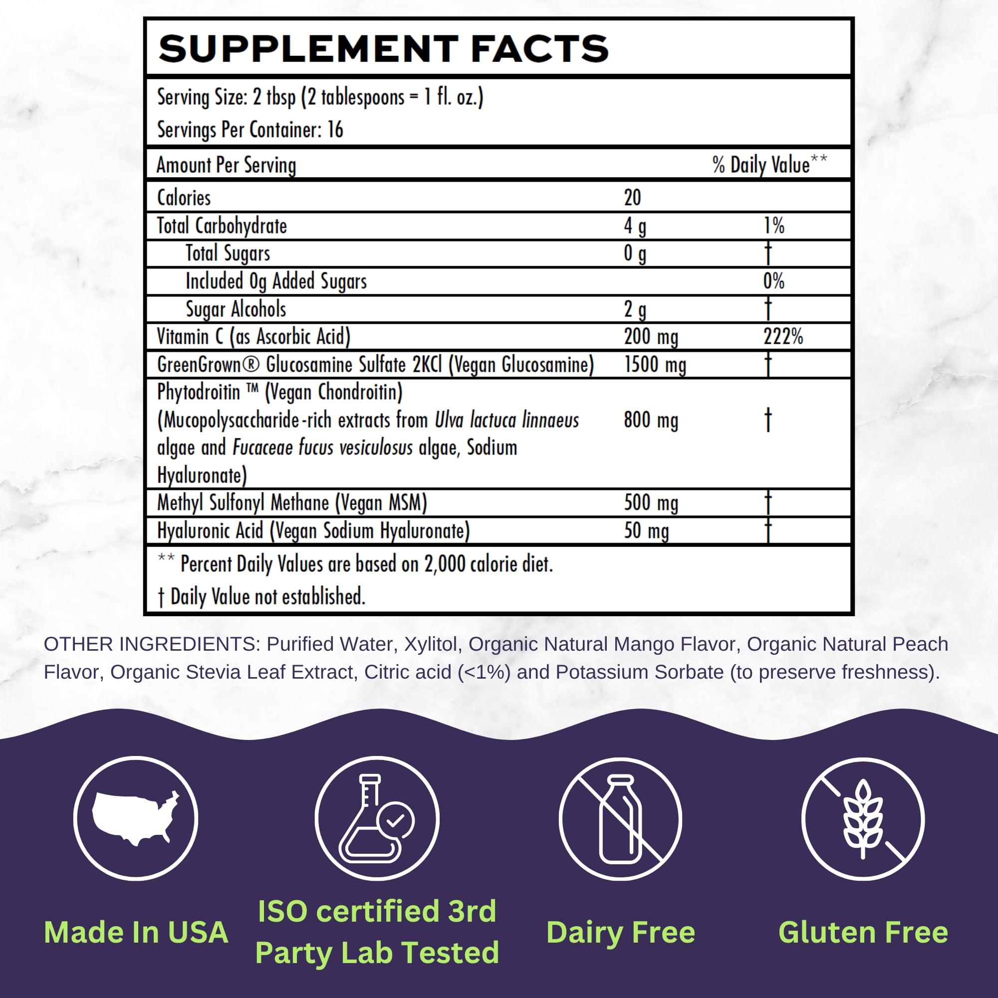 Vitaminally vegan ingredients close-up highlights shellfish-free, allergen-free formula
