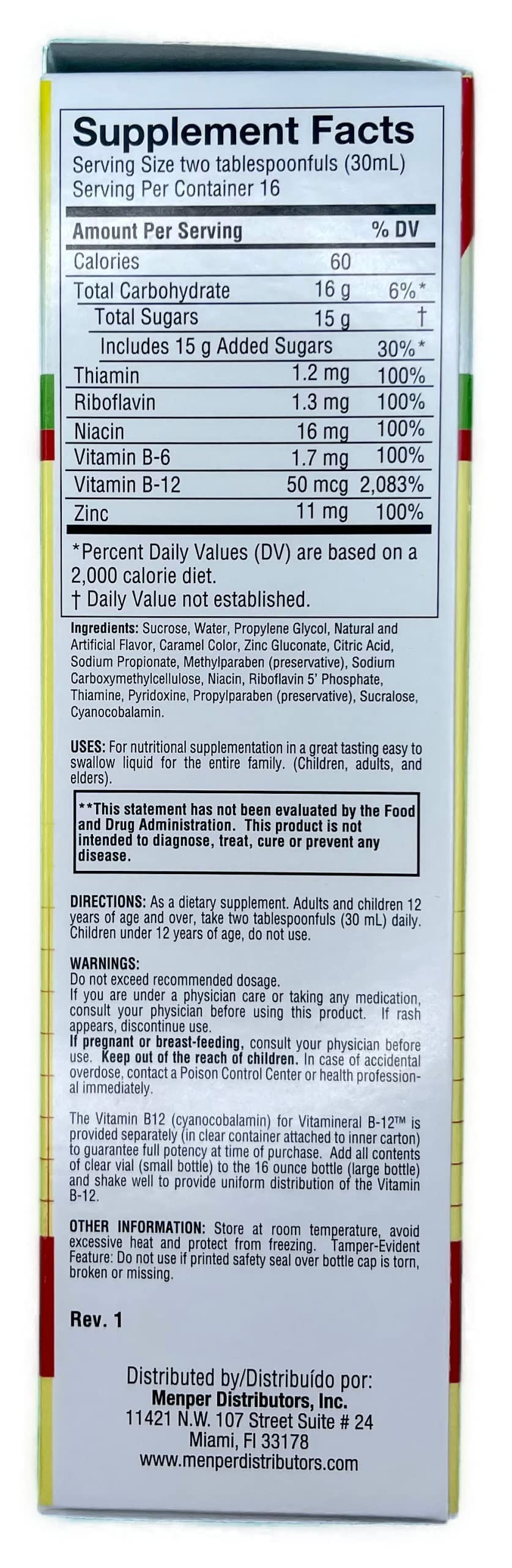 Vitamineral B-12 Memper nutrition facts panel emphasizes a balanced formula