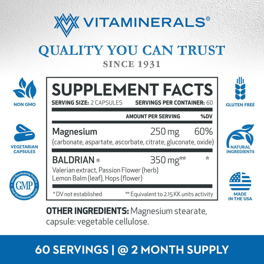 Vitaminerals Baldrian box open to reveal two month supply