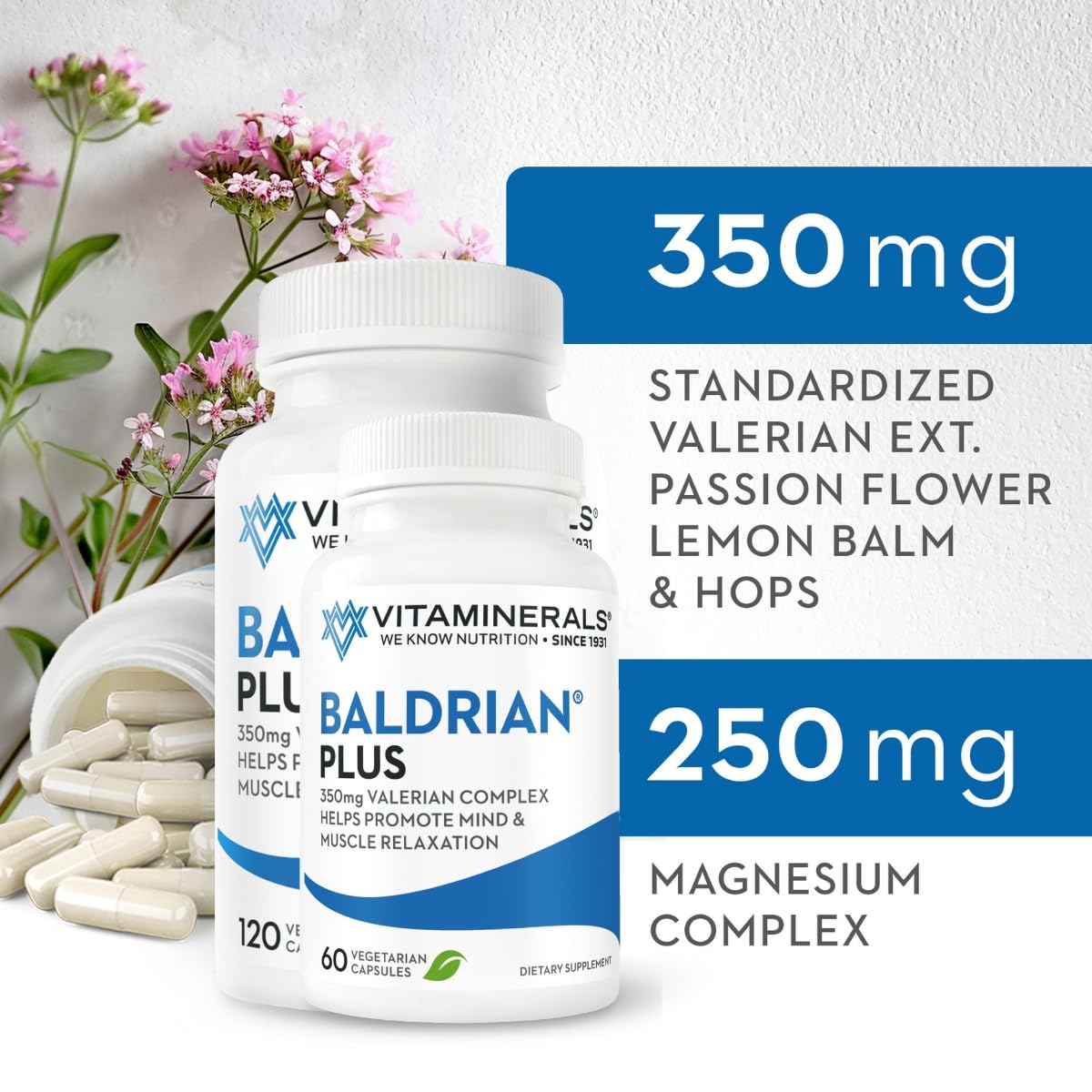 Vitaminerals 33+ Baldrian capsules closeup showing veggie caps