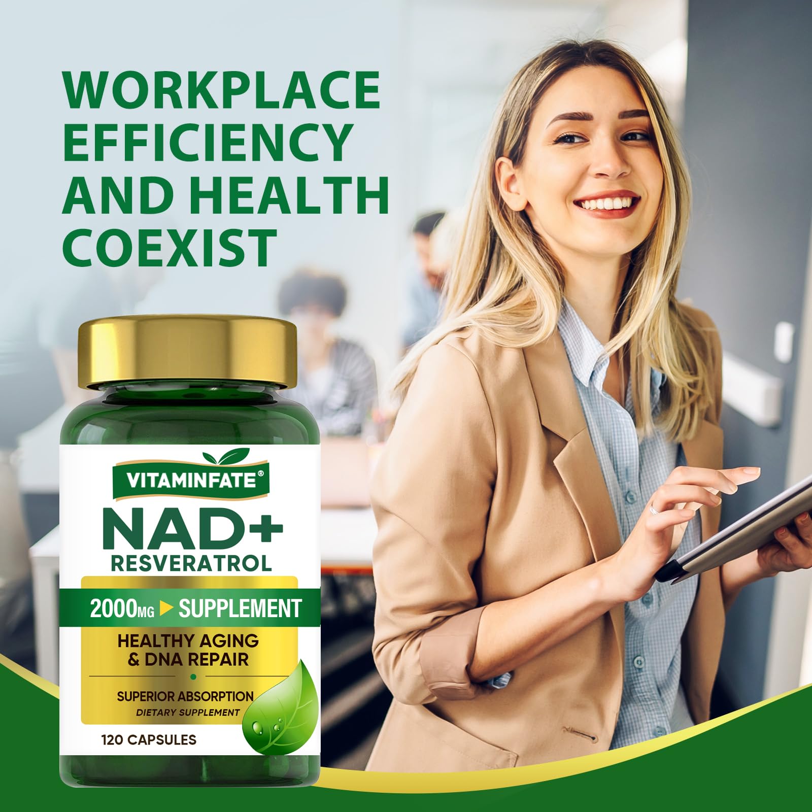 VITAMINFATE NAD+ bottle and capsules show a 60-day supply option.