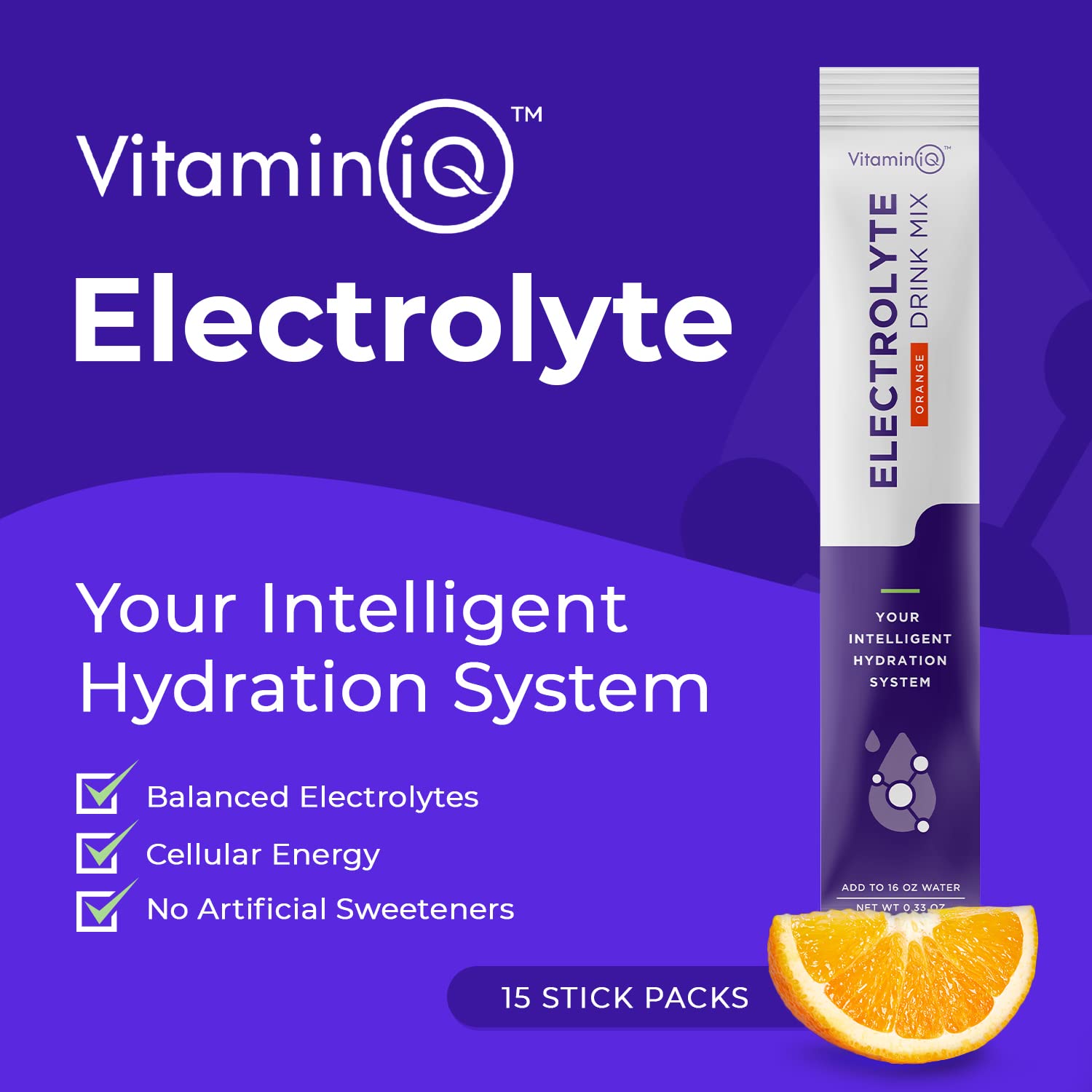VitaminIQ Electrolytes orange packet closeup showing a ready to use hydration option