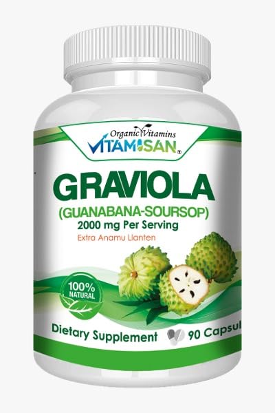 VITAMISAN Graviola leaf capsules bottle showing gluten-free, non-GMO dietary supplement.