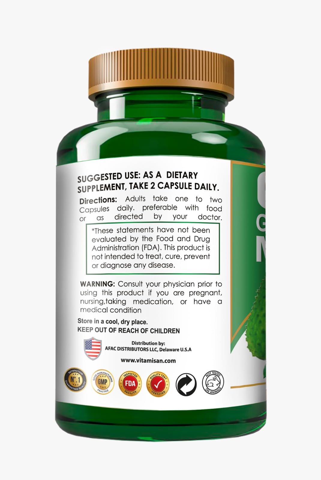 Close-up of VITAMISAN capsules highlighting antioxidant-friendly green color.