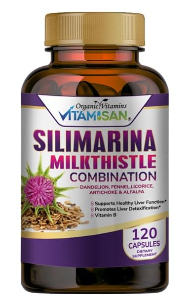 VITAMISAN milk thistle bottle label highlights detox support for liver health.
