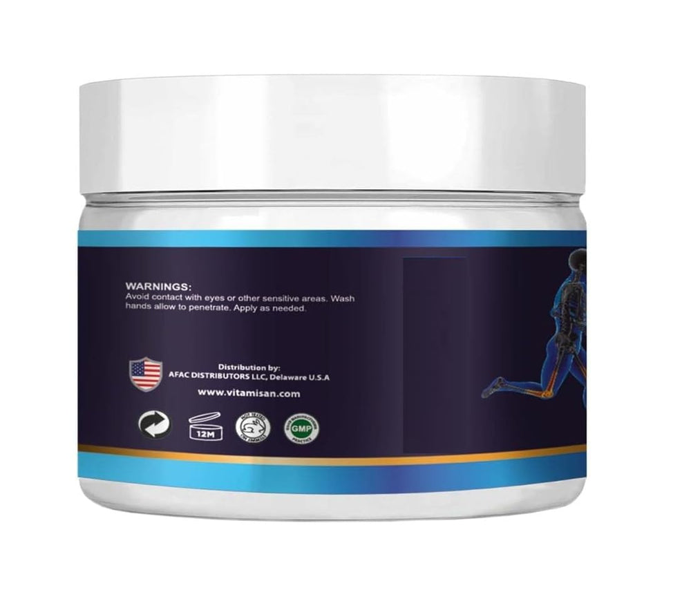 VITAMISAN Premium Organic Glucosamine Cream jar highlights soothing formula for post-activity recovery.