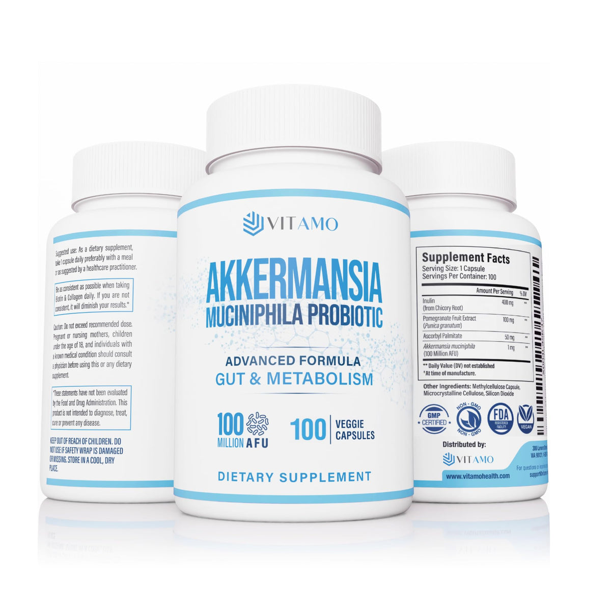 Vitamo Akkermansia bottle front promotes gut microbiome support with probiotic capsules.