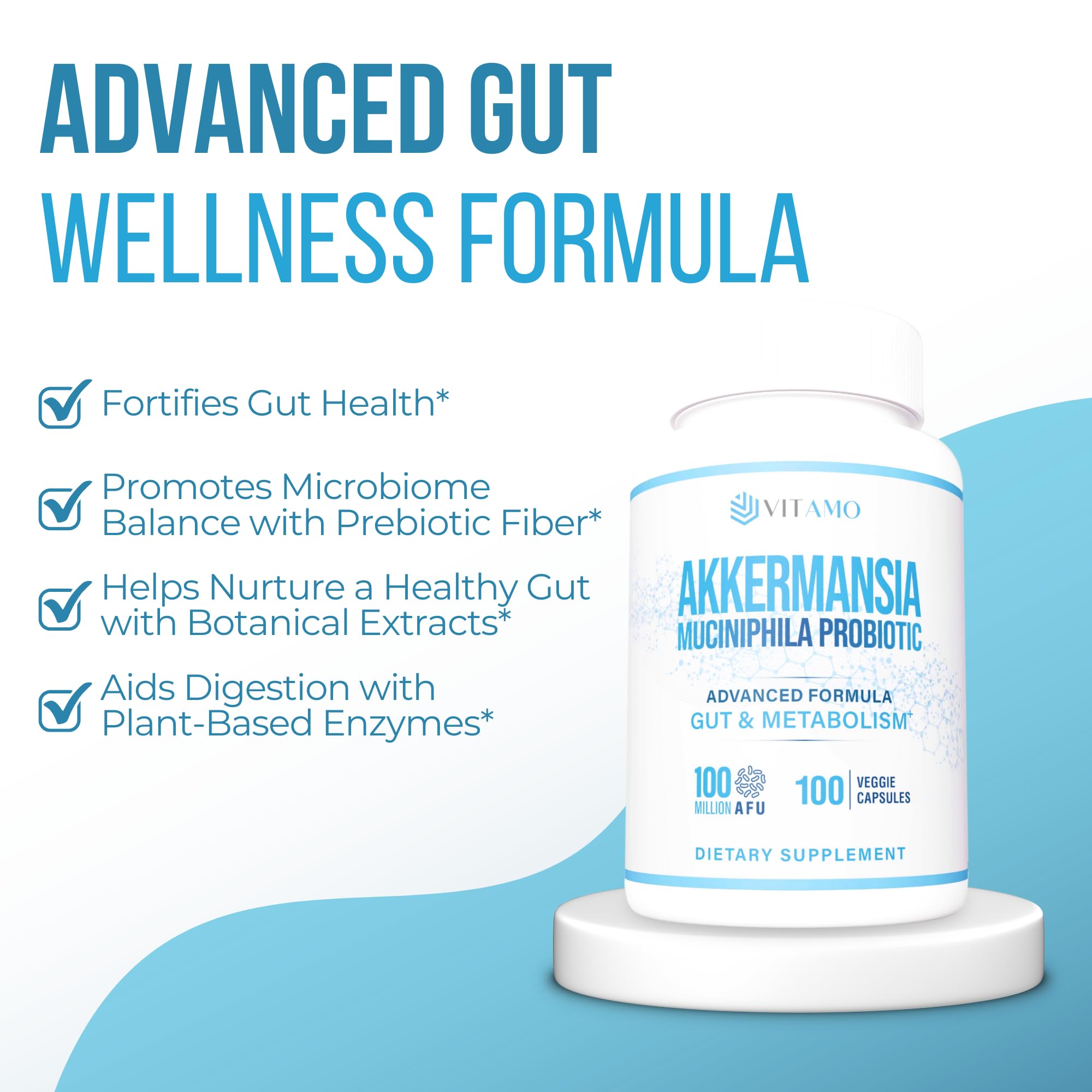 Vitamo Akkermansia bottle pour demonstrates convenient daily dosing for wellness.