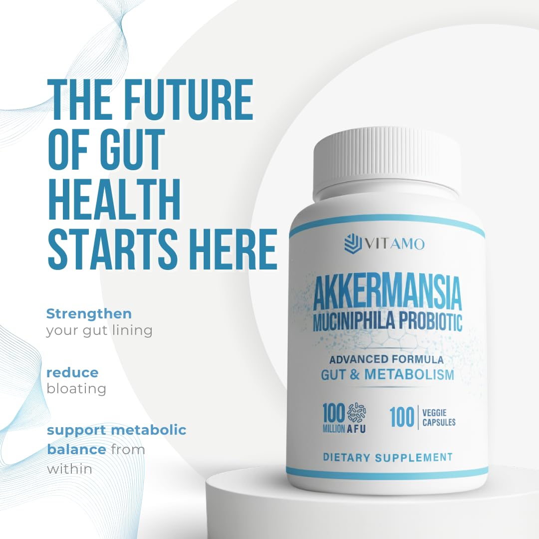 Vitamo Akkermansia enteric-coated capsules pictured for stomach-safe delivery.