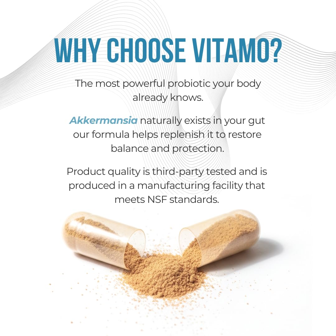 Vitamo Akkermansia packaging box emphasizes NSF certification and clean ingredients.