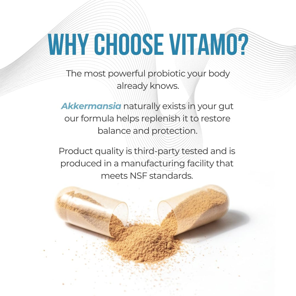 Vitamo Akkermansia packaging box emphasizes NSF certification and clean ingredients.