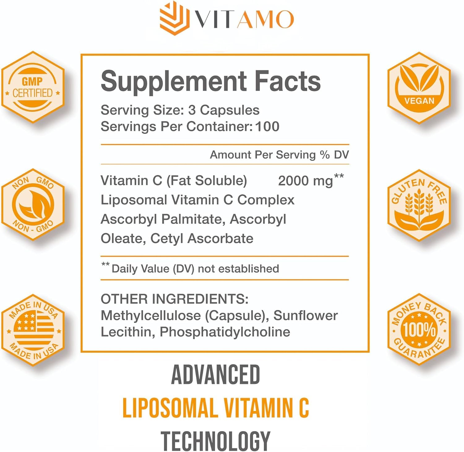 Vitamo Liposomal Vitamin C bottle label close-up showing USA-made, non-GMO formula
