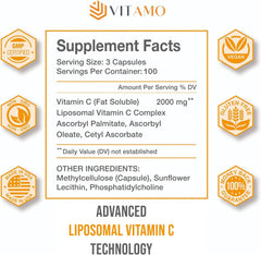 Vitamo Liposomal Vitamin C bottle label close-up showing USA-made, non-GMO formula