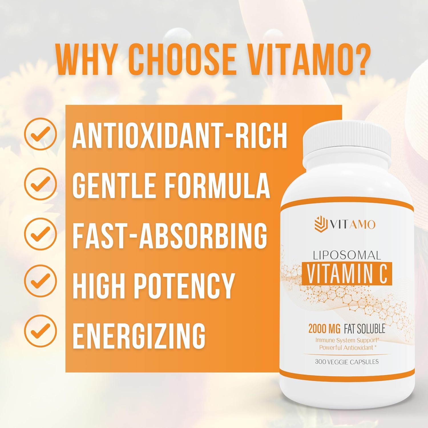 Vitamo Liposomal Vitamin C with sunflower lecithin emphasizes non-GMO bioavailability
