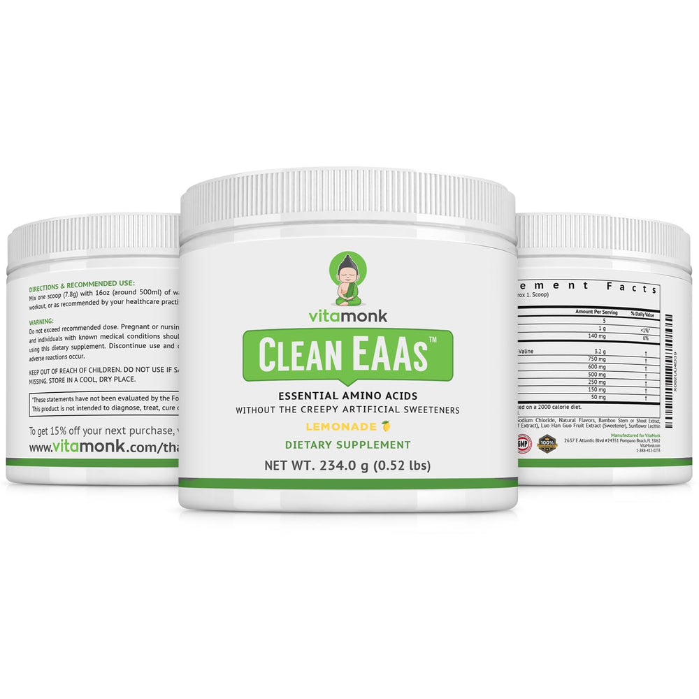 VitaMonk Clean EAA Lemonade dissolved in water for crisp hydration.