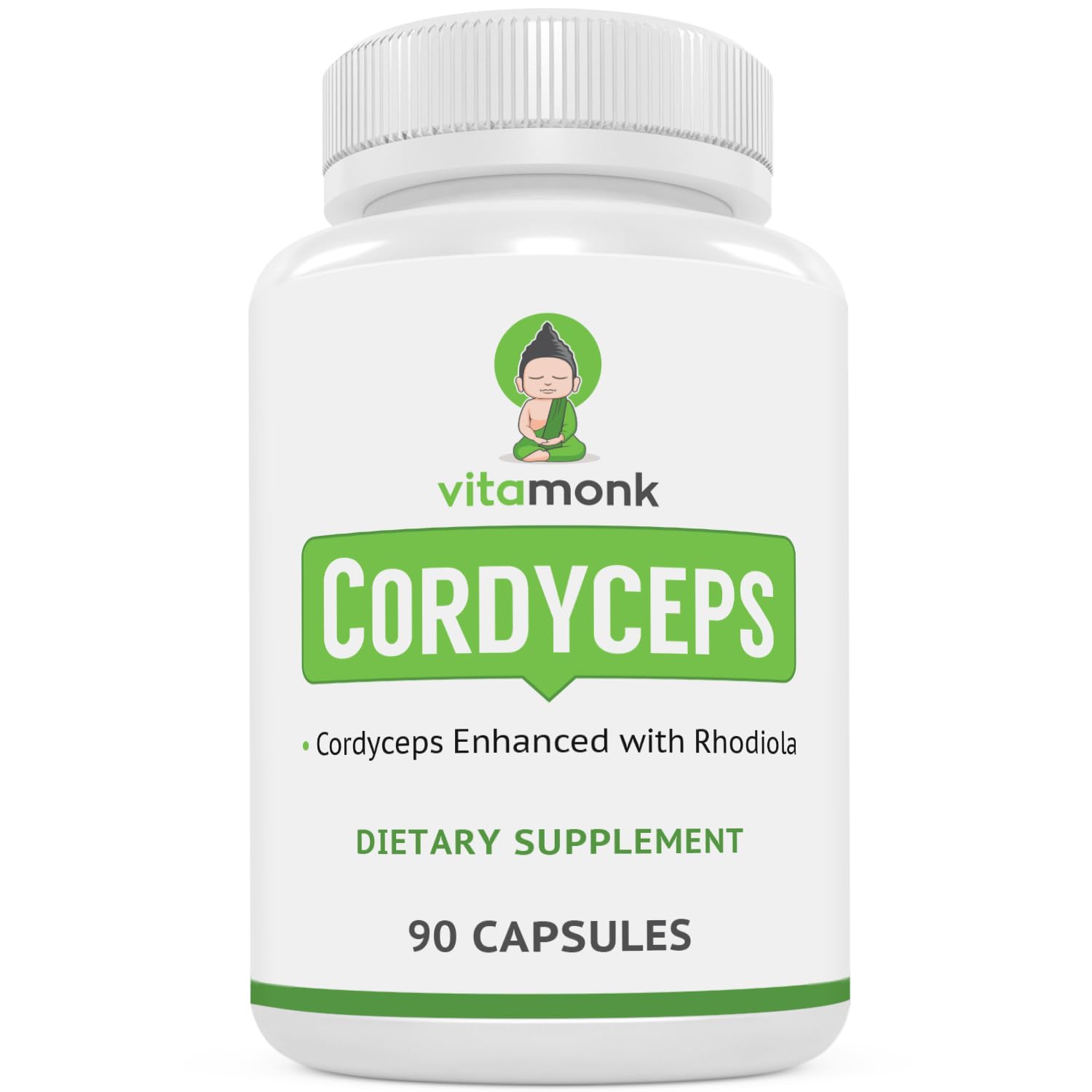 VitaMonk Cordyceps Rhodiola bottle close-up highlighting energy support.