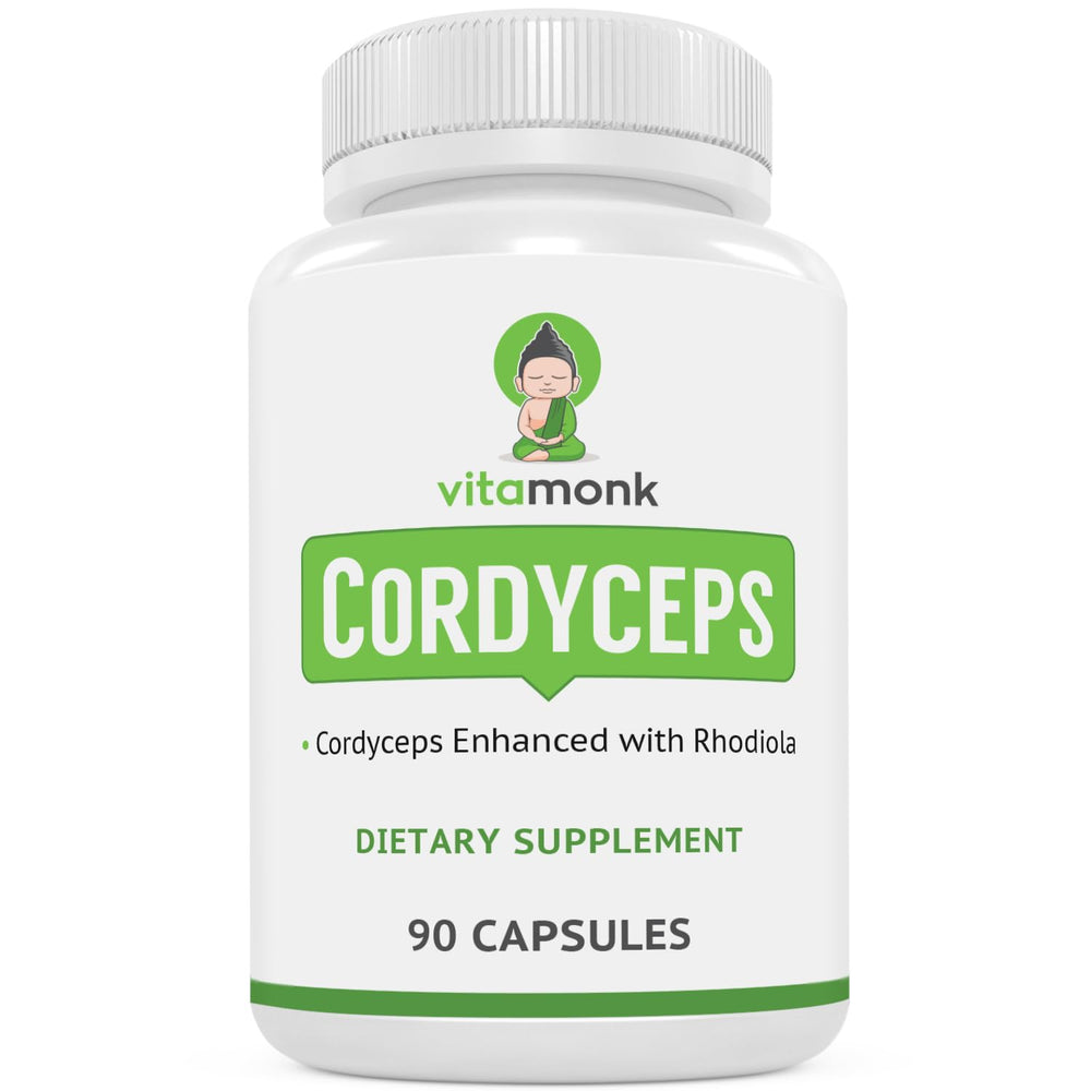 VitaMonk Cordyceps Rhodiola bottle close-up highlighting energy support.