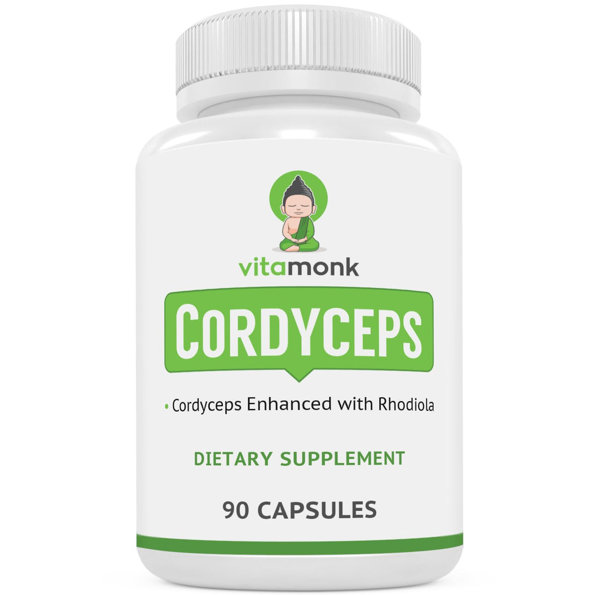 VitaMonk Cordyceps Rhodiola bottle close-up highlighting energy support.
