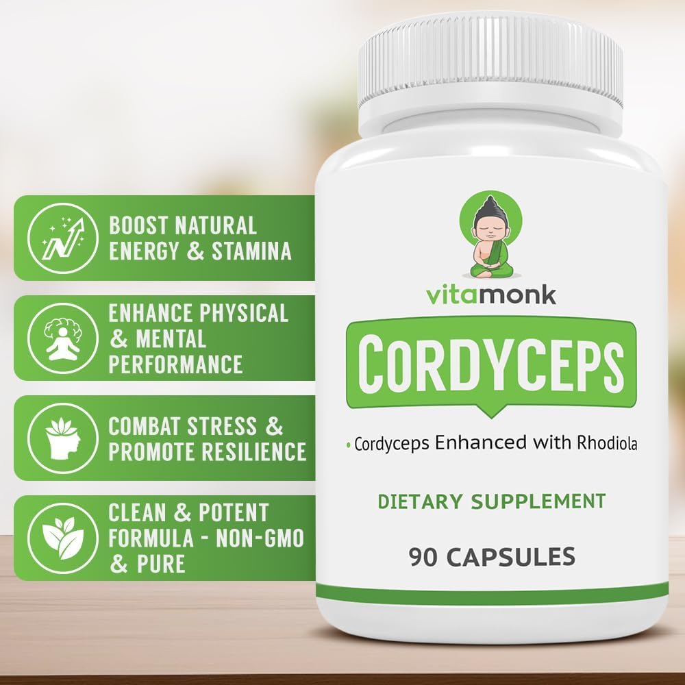 VitaMonk Cordyceps Rhodiola capsules close-up emphasizing focus and stamina.