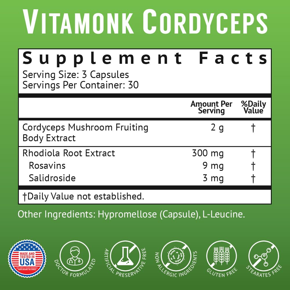 VitaMonk Cordyceps Rhodiola packaging against clean, minimalist backdrop.