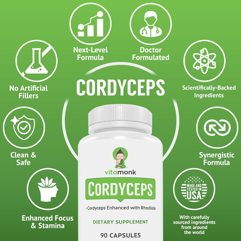VitaMonk Cordyceps Rhodiola bottle being poured for daily use.